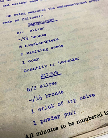 List of items seized in evidence from two male sex workers, who were soliciting male clients in the 1920s.