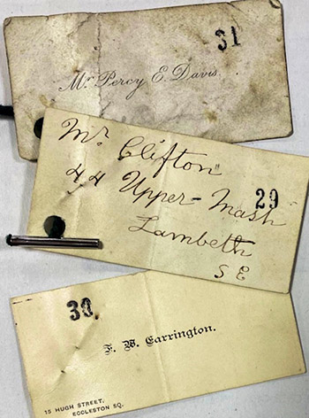 Three visiting cards of professional ‘Mary Annes’ provided as evidence by John Saul in the Cleveland Street scandal case, 1889-1890.