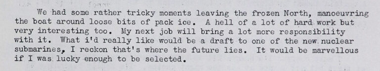 Typed extract from the Production file for ‘Voyage North’ showing narration by newly recruited officer Ellison.