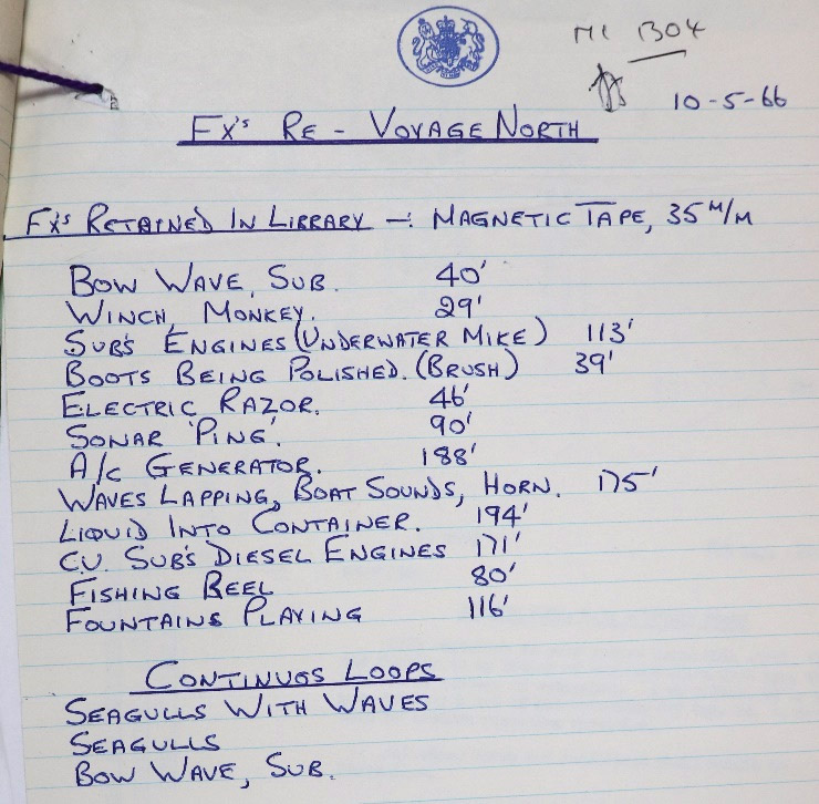 Handwritten extract from the production file for ‘Voyage North’ showing list of sound effects.