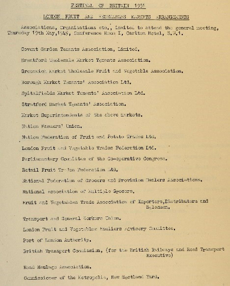 Document showing associations, organisations etc invited to attend the general meeting to discuss arrangements for London’s fruit and vegetable markets during the Festival.