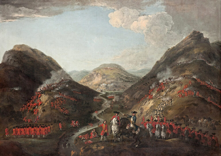 Detail from 'The Battle of Glenshiel', Peter Tillemans’ depiction of the decisive engagement which ended the 1719 Rising. The Spanish regulars and Scottish clansmen are on the far hills.