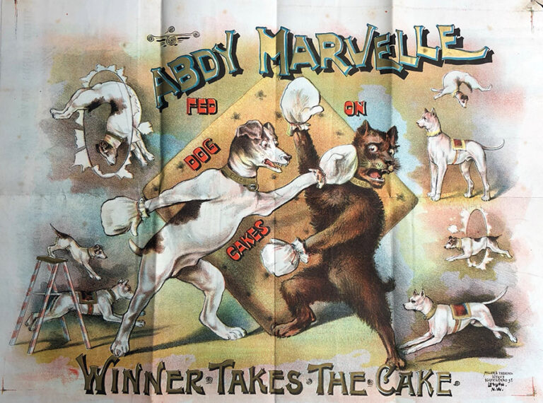 A cartoon featuring two dogs boxing each other. In the background are dogs performing circus tricks. The slogan reads 'Winner takes the cake'.