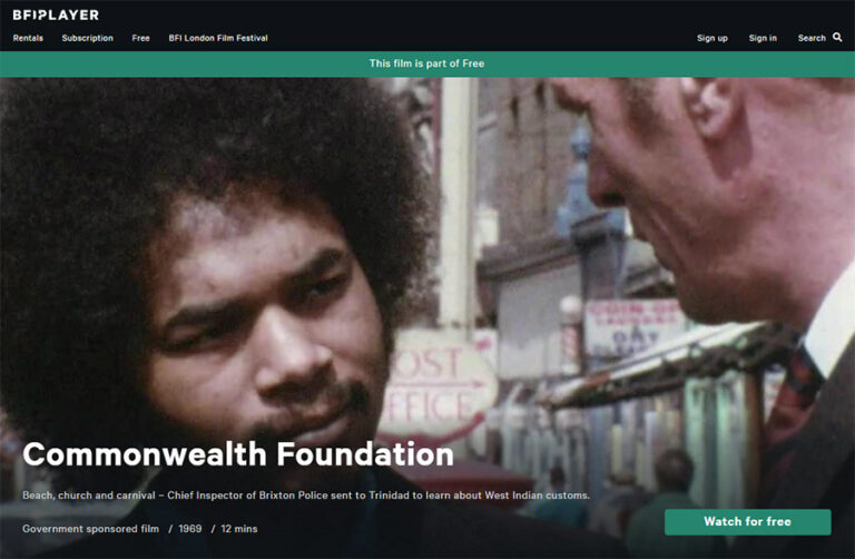 Screenshot of the BFI player website showing the film Commonwealth Foundation. We see a young black man speaking to a older white man, who is Chief Inspector of Brixton Police.