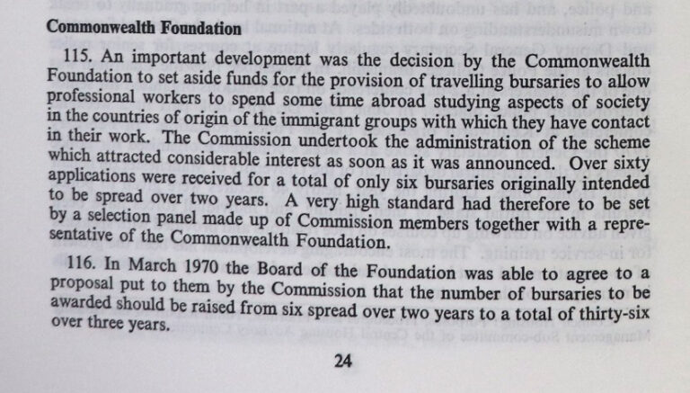 A section of the Community Relations Commission’s report 1969-70 summarising the progress of the Commonwealth Foundation bursary scheme.