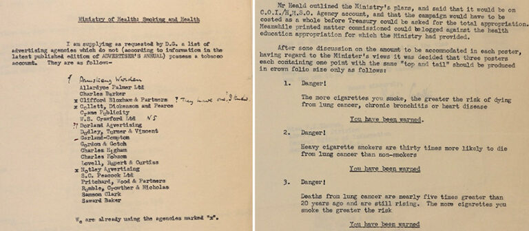 Left: List of advertising agencies without tobacco accounts, drawn up by the Central Office of Information. Right: Notes from a meeting held at COI on 13 March 1962 discussing provision of posters for an anti-smoking campaign.
