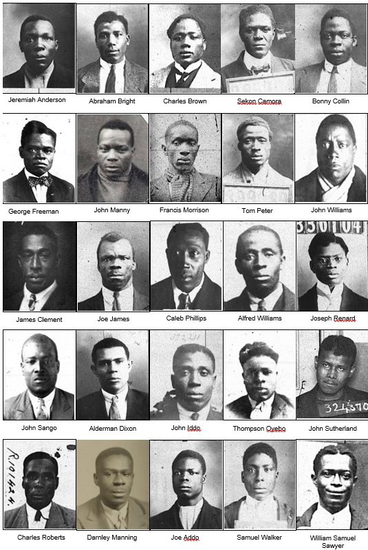 A selection of images of Black prisoners of war from their earlier registration cards. There are five rows of five photographs.