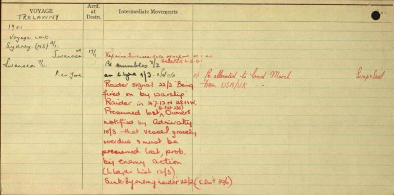 The last ship's movement card for Trelawny, reported as sunk by enemy action on 22 February 1941. 