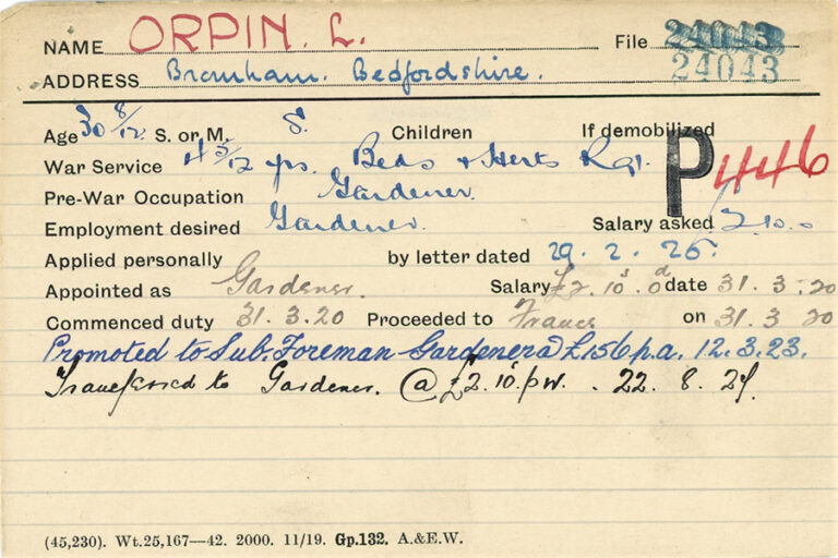 Commonwealth War Graves Commission. Staff Record Card for Leonard Orpin.