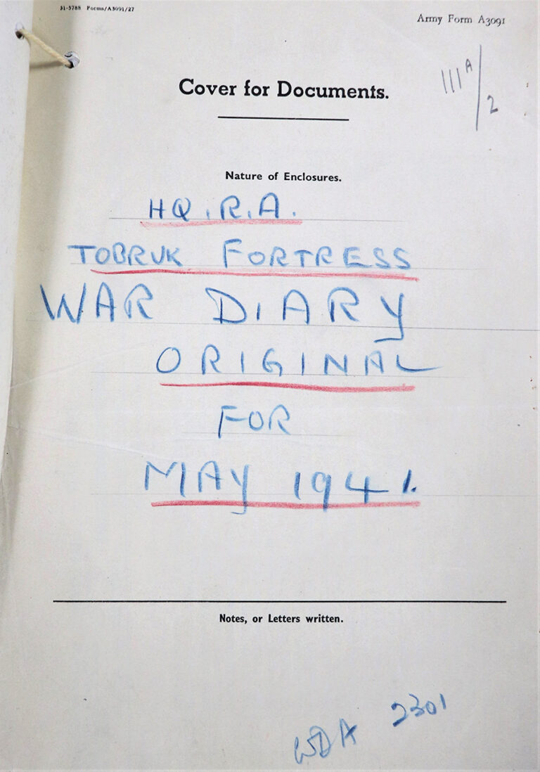 Inner file cover from the Tobruk Fortress diary, May 1941.