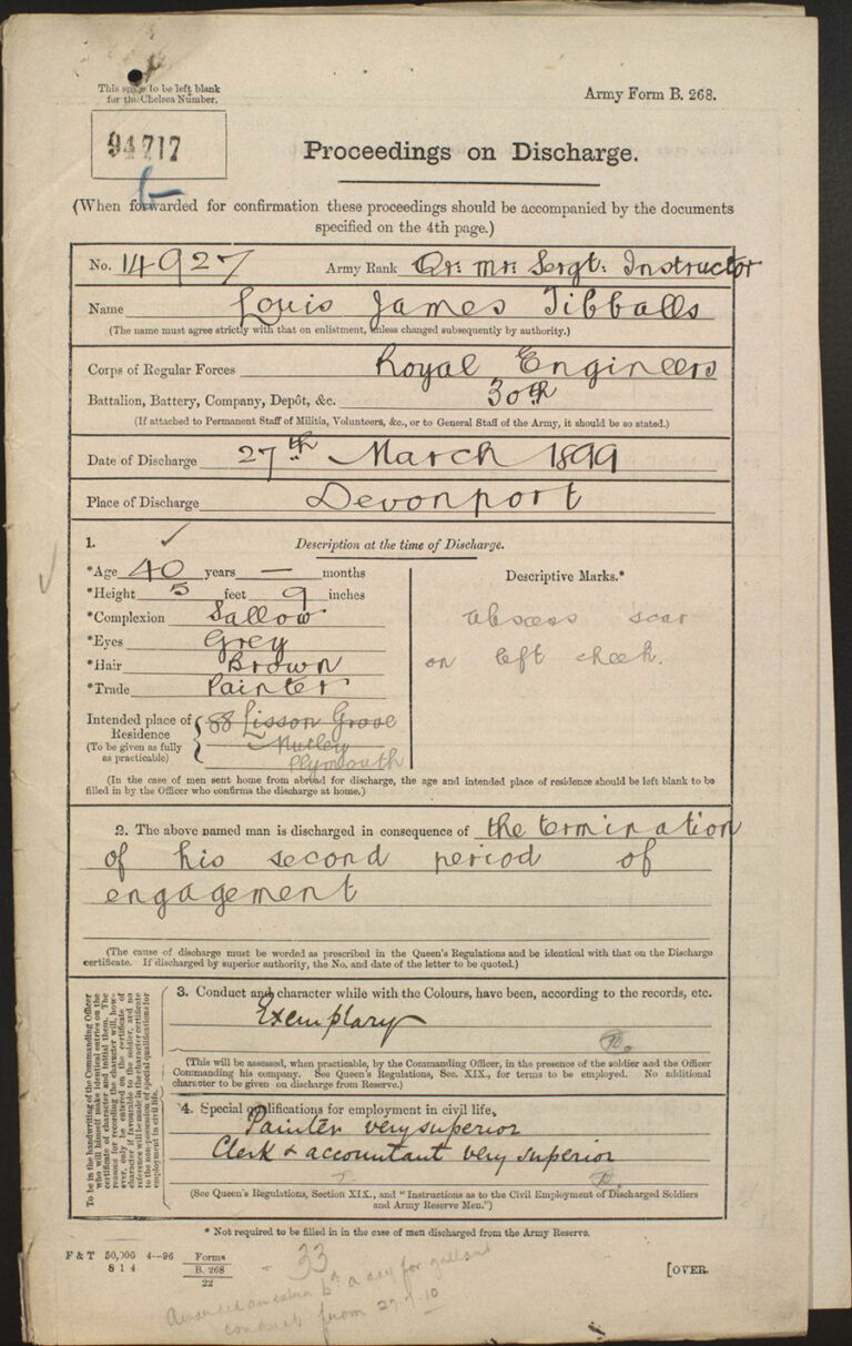 The Proceedings on Discharge form for James Tibballs. The date of Discharge is shown as 27 March 1899.