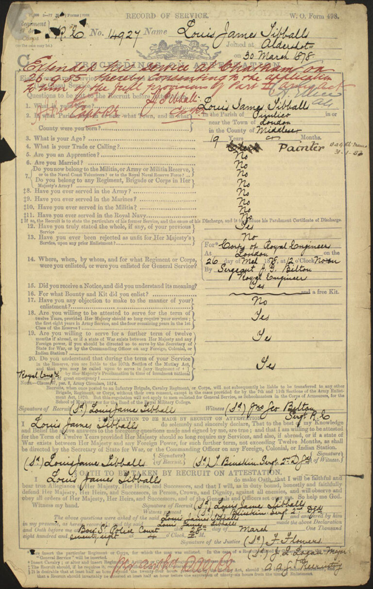 James Tibballs original attestation form dated 1878.