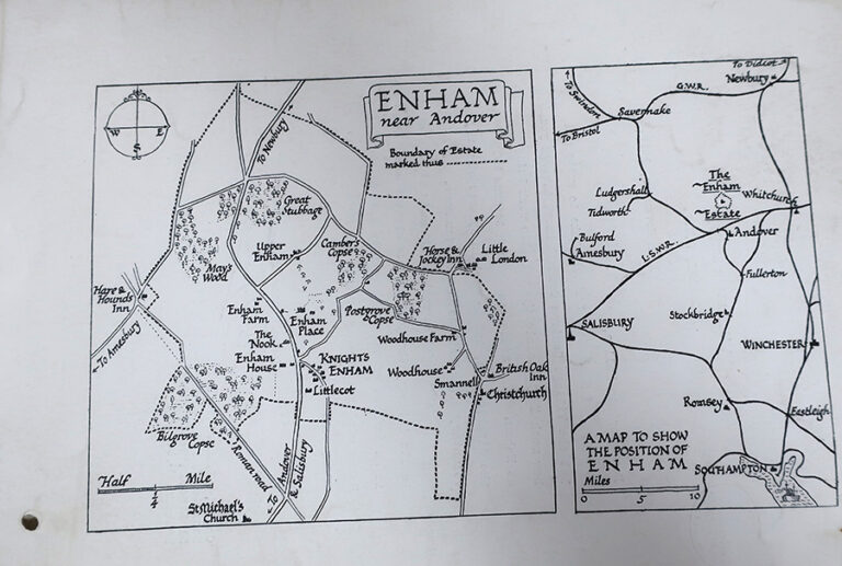 A line drawn map showing the position of Enham and surrounding area.