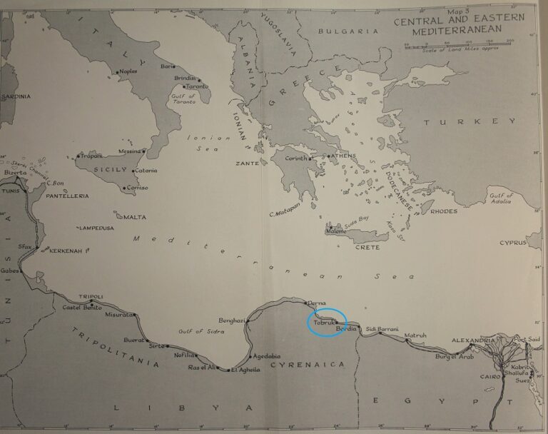 A map of the central and eastern Mediterranean. The port of Tobruk is circled.