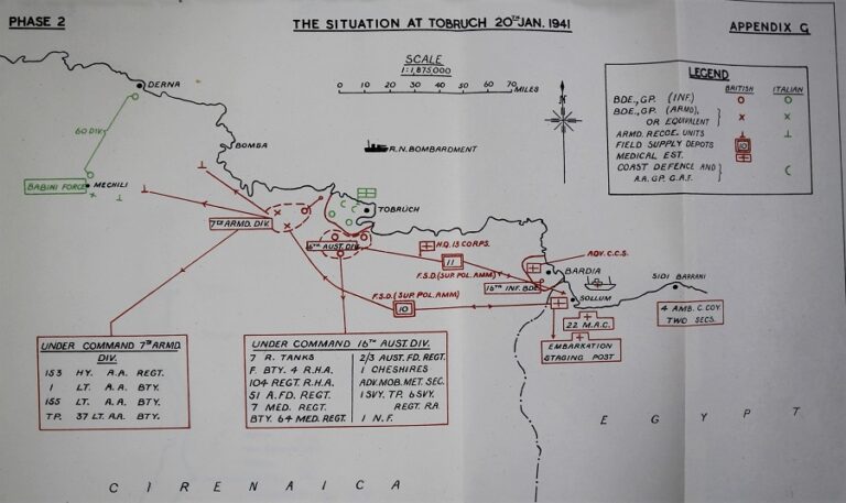 A simple line drawing of a map with the title The Situation at Tobruk 20th January 1941.