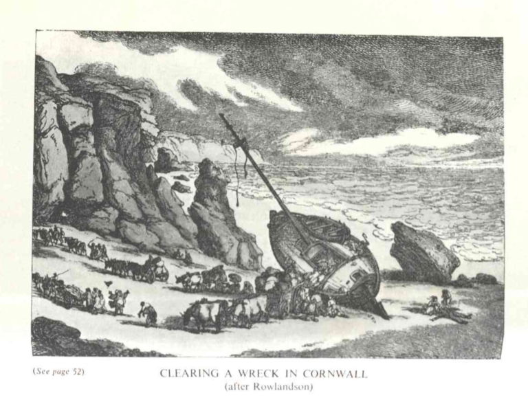 Line drawing of a ship washed up on the coast with people and horses surrounding it.