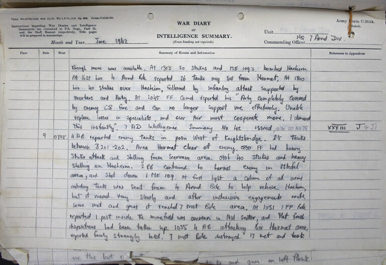 A handwritten War Diary document.