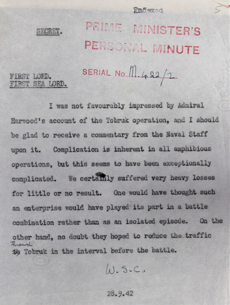 Typed memo document addressed to the First Lord and First Sea Lord. A prominent stamp says 'Prime Minister's Personal Minute'.