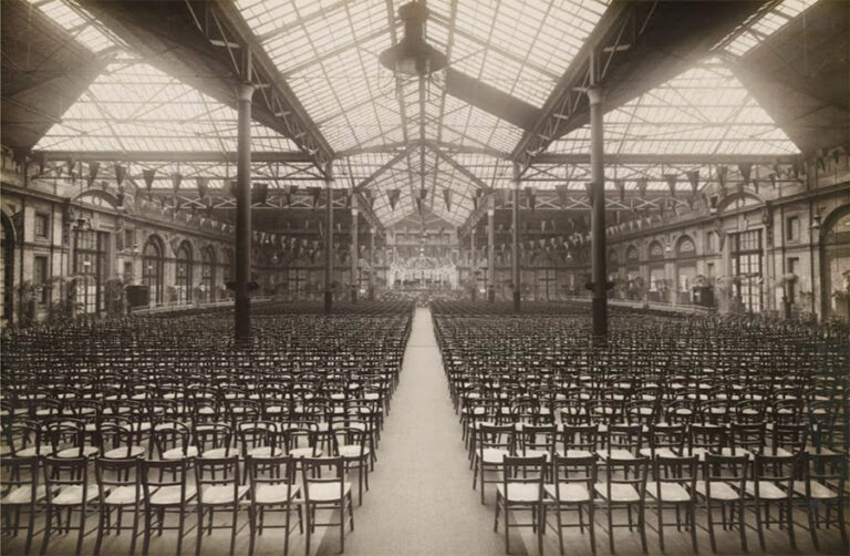 Hundreds of chairs laid out in rows inside Alexandra Palace.