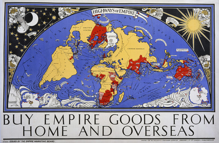 Colourful poster featuring a map of the globe and the tagline 'Buy empire goods from home and overseas'.