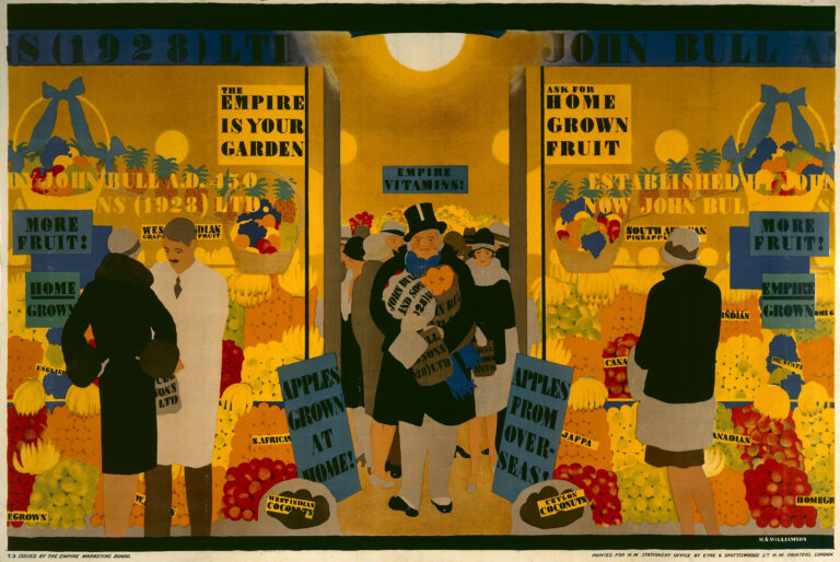 Illustration of customers entering a busy grocer's shop.