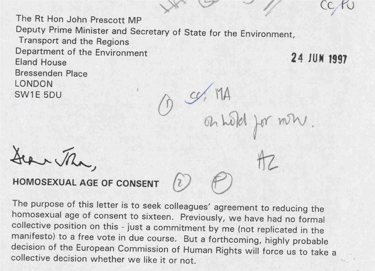 A letter from Deputy Prime Minister John Prescott with the subject line Homosexual Age of Consent.