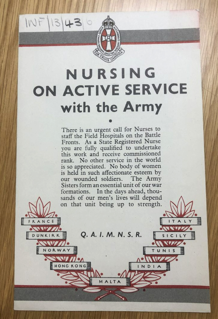 The text on this recruitment pamphlet reads Nursing on Active Service with the Army.
