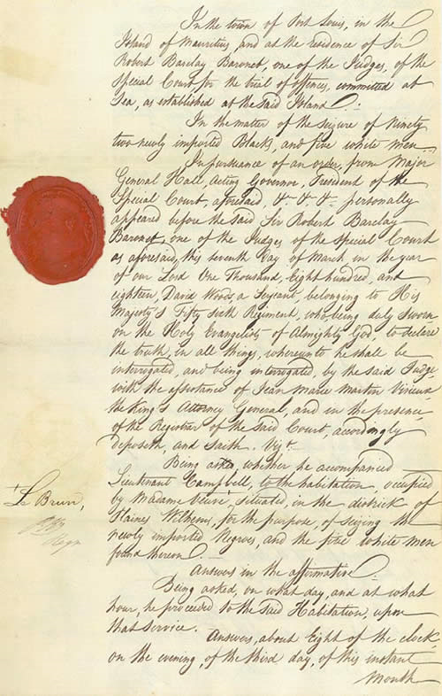 Handwritten document with a red wax seal visible.