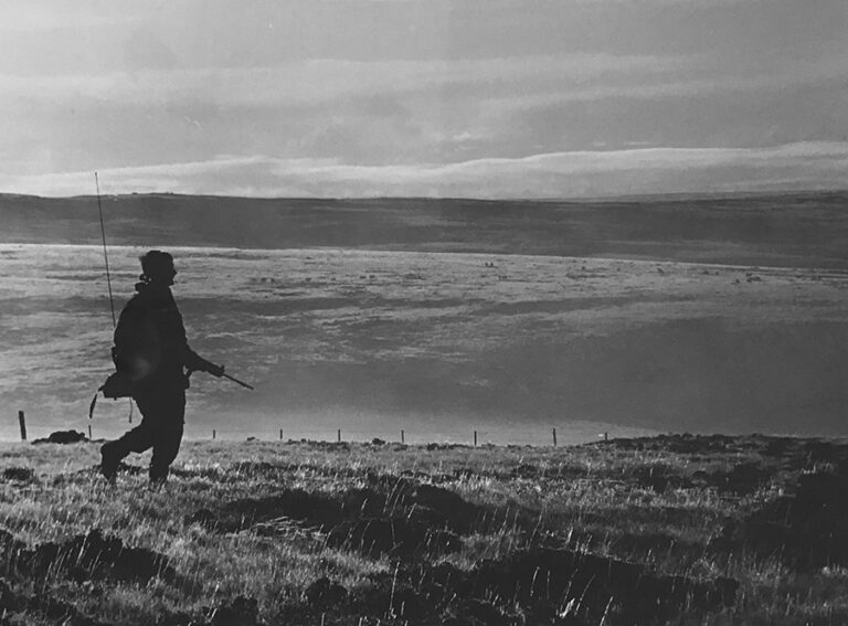 A British soldier carrying a gun walks across a field.