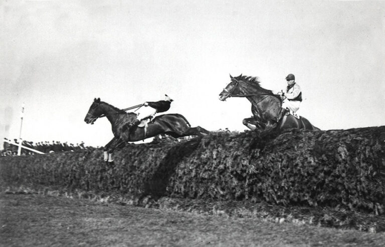 Two horses jumping a fence (hedge) at the Grand National.