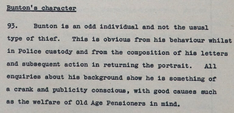 Extract from a typed statement describing Bunton's character.