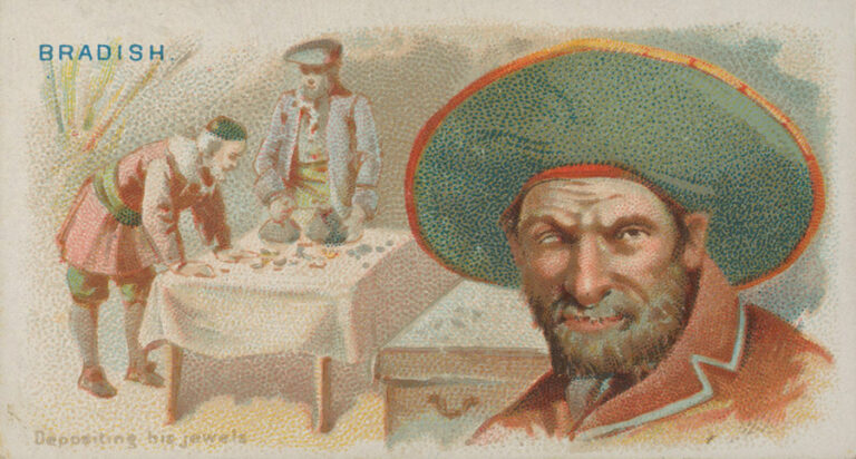Colour image of Joseph Bradish wearing a sombrero hat in the foreground, with two men counting money on a table in the background of the image.