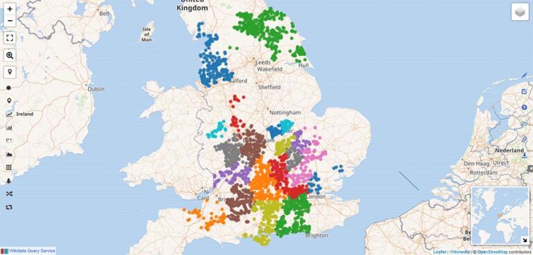 A map of the UK with lots of coloured dots.