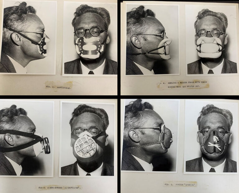 A montage of four photographs featuring the same man seen from front and side on, wearing versions of a mask.