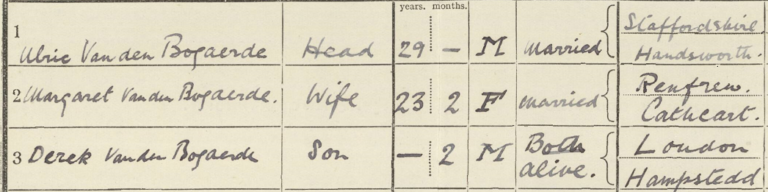 Extract from a page in the 1921 Census with handwritten entries detailing name, role in household, date of birth, marital status and address.