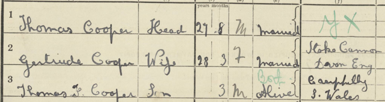 Extract from a page in the 1921 Census with handwritten entries detailing name, role in household, date of birth, marital status and address.