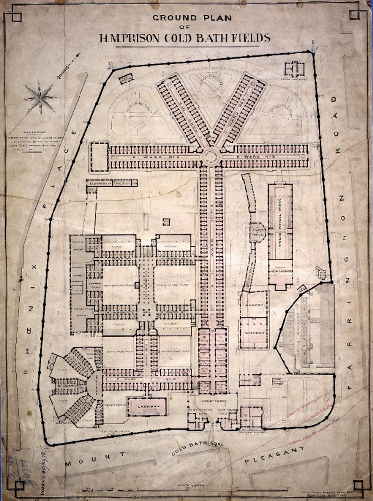 Architectural map showing the scale of the prison and the location of the various buildings.