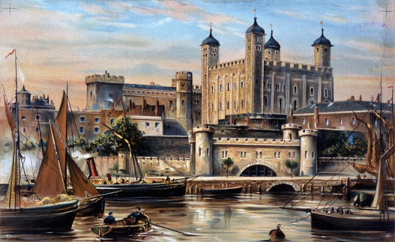 Colourful and detailed painting of the Tower of London from the vantage point of the river Thames. In the foreground are ships and men working.
