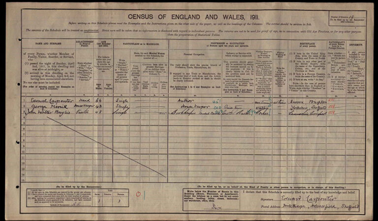 Page from the 1911 Census with entries for three people.