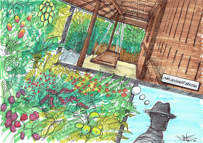 Colour drawing featuring a tropical garden, a wooden house, and a shadowy figure of a man.