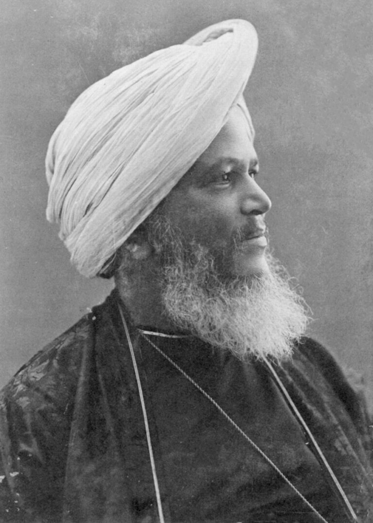 Posed portrait of an Indian gentleman wearing a turban.