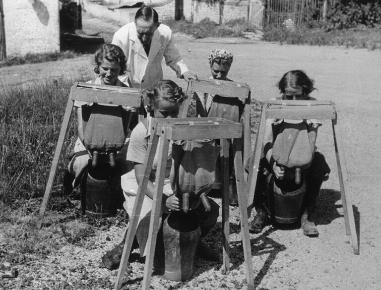 Four women sit behind wooden contraptions that simulate milking a cow's udder. A man is standing among them.