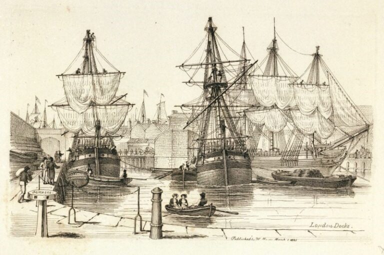 Line drawing of a number of tall ships docked in a harbour. In the foreground are people working and sitting in a small boat.