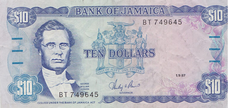 A Bank of Jamaica bank note for ten dollars.