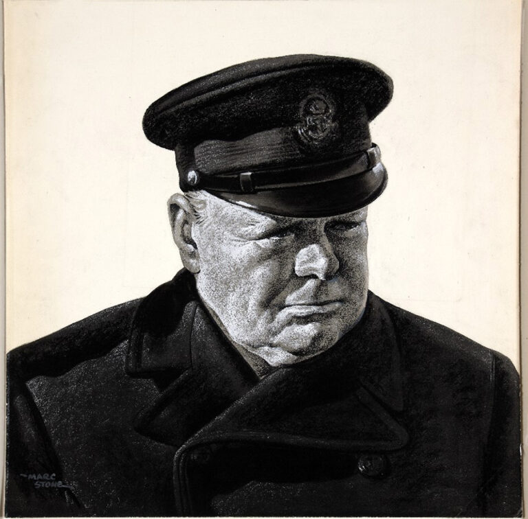 Portrait of Winston Churchill wearing military uniform.