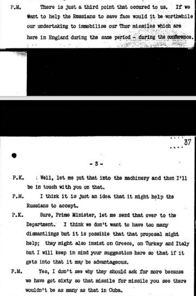 Transcript of a conversation between Macmillan and Kennedy. The middle section has been redacted so is not visible.