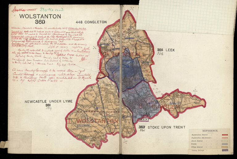 Detailed map of an area covering Stoke on Trent, Leek, Newcastle under Lyme and Congleton. The area in the map is outlined by a thick red line. Handwritten notes in red ink accompany the map.