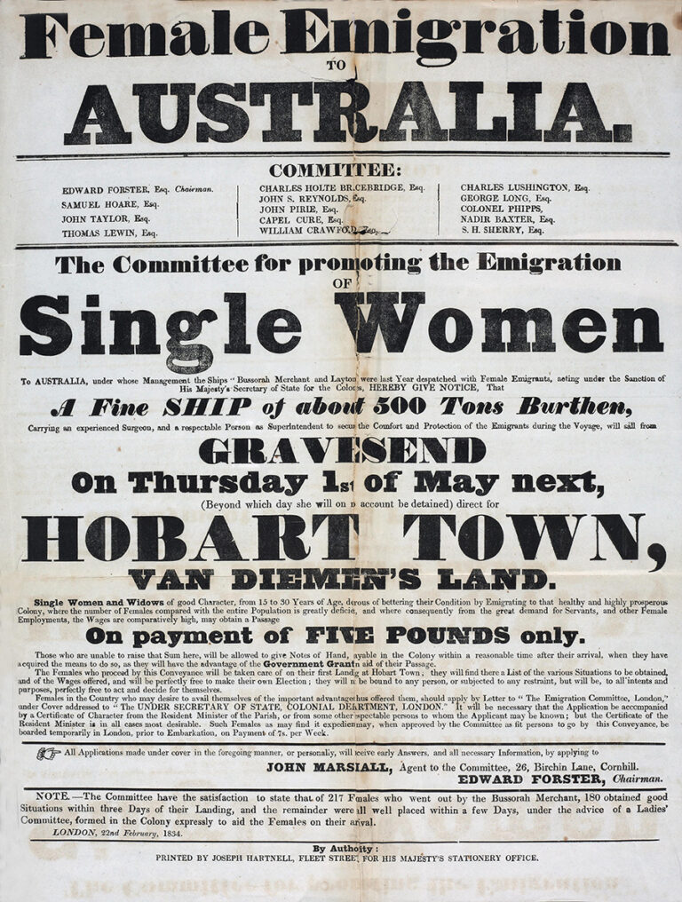 Poster with very varied typography. The headline reads female emigration to Australia in bold type.
