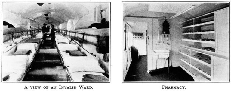 The photograph on the left shows a hospital ward with bunkbeds along both walls of a long room. The photograph on the right shows a small pharmacy room with a basin and a wall of shelving.