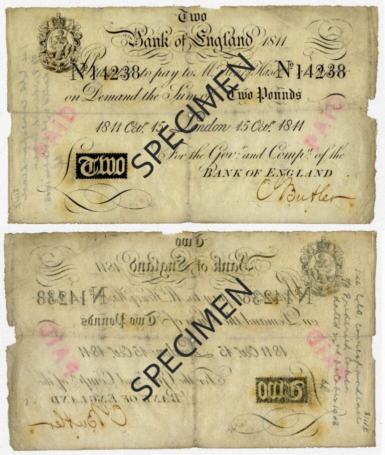 Two sides of the same banknote. The word specimen is stamped across the middle.